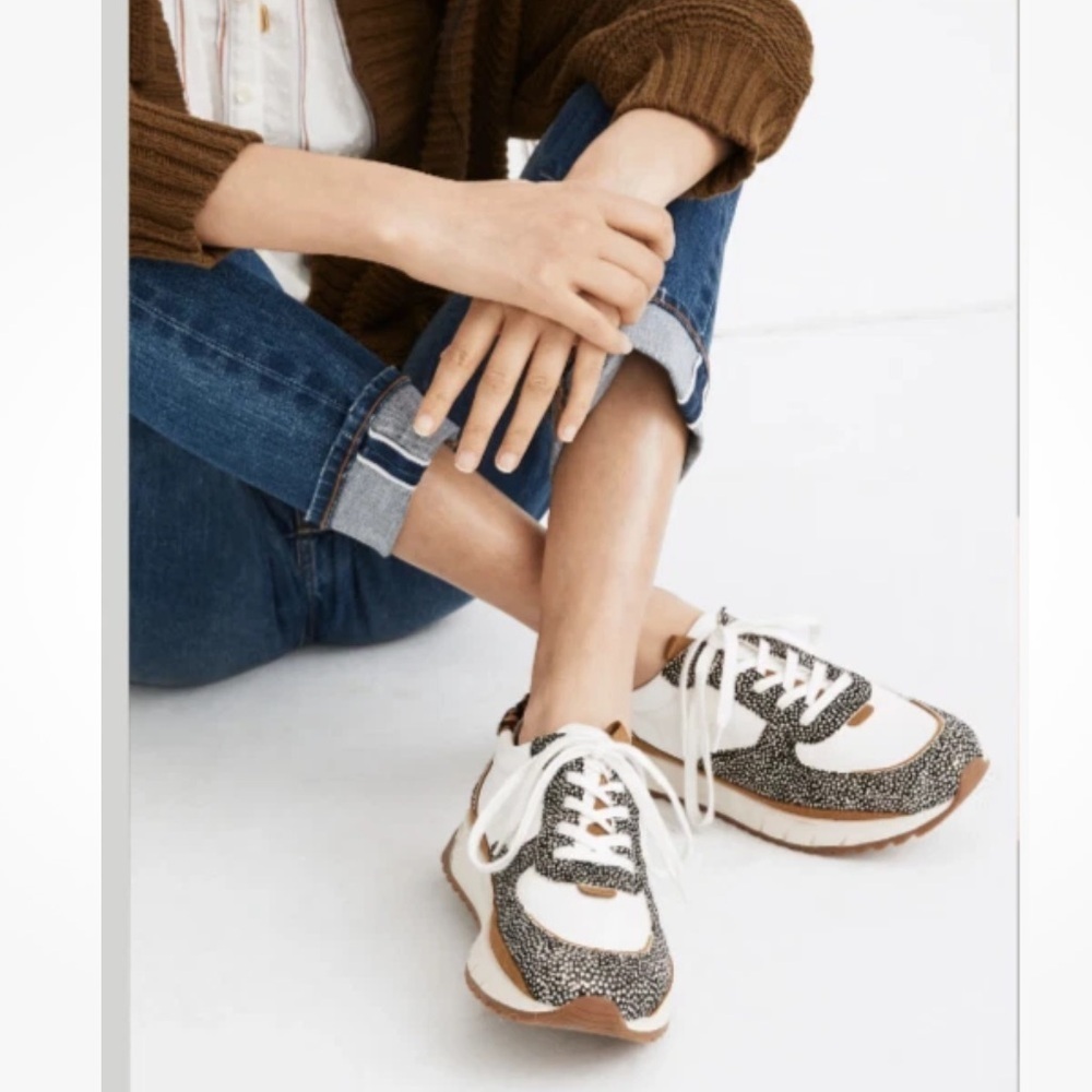 Madewell Sz 10 Kickoff Trainer Patterned Calf Hair Leather Sneakers White Tan - Picture 2 of 10